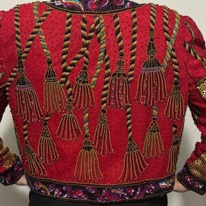 Vintage Niteline Red Sequined Holiday Jacket Tassels Silk Blazer 80s XL